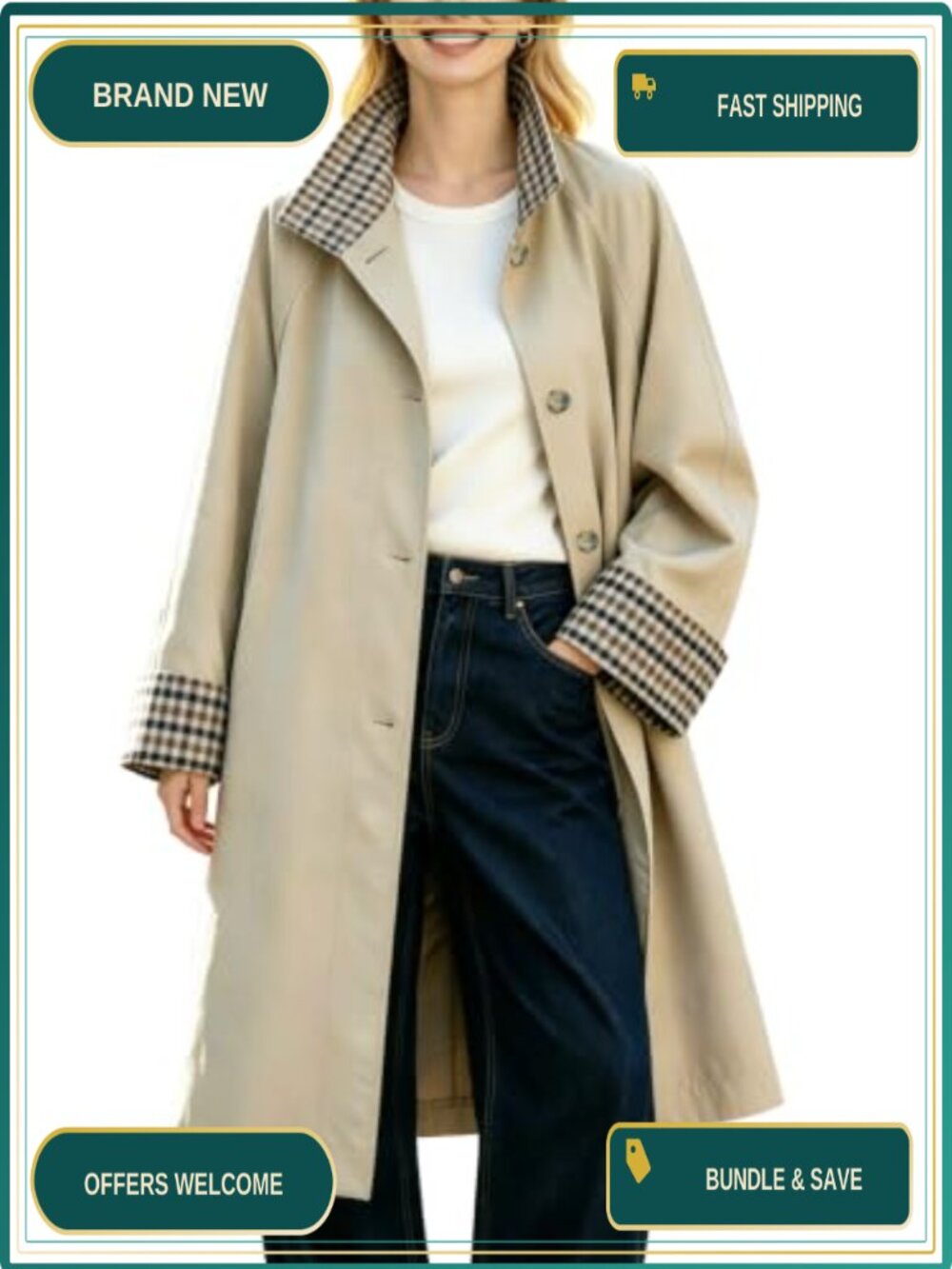 Women's Long Trench Coat Plaid Lined Jacket with Pockets